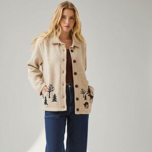 Breckenridge Cardigan with Moose Pine Trees Vintage Beige Fleece